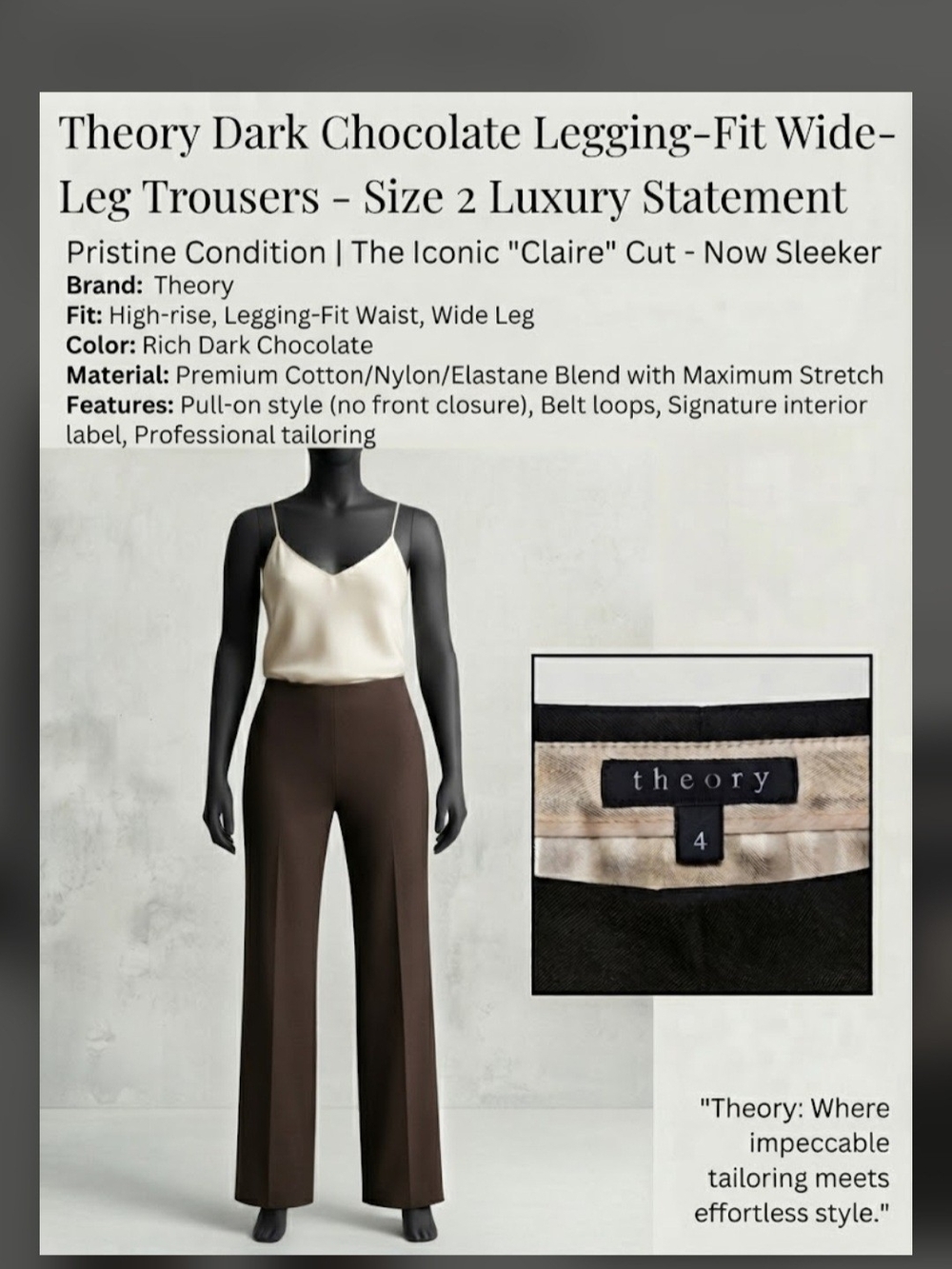​Theory Dark Chocolate Side-Zip Legging-Fit Trousers Pants Size 2 Luxury